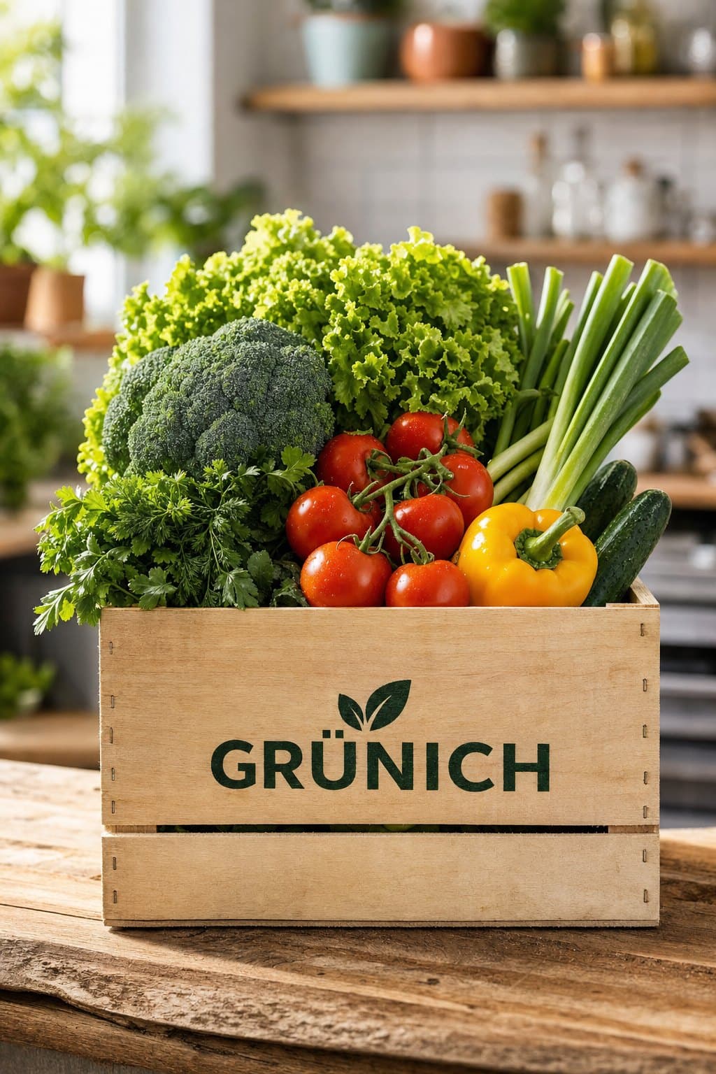 Holzkiste mit Grünich-Branding, gefüllt mit Salat, Brokkoli, Tomaten und Paprika